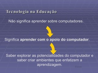 Não significa aprender sobre computadores. Significa  aprender com o apoio do computador . Saber explorar as potencialidades do computador e saber criar ambientes que enfatizem a aprendizagem. Tecnologia na Educação Ecore 