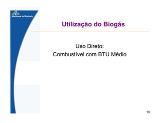 Utilização do Biogás

Uso Direto:
Combustível com BTU Médio

10

 