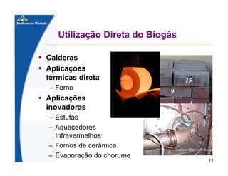 Utilização Direta do Biogás
Calderas
Aplicações
térmicas direta
– Forno

Aplicações
inovadoras
– Estufas
– Aquecedores
Infravermelhos
– Fornos de cerâmica
– Evaporação do chorume

11

 