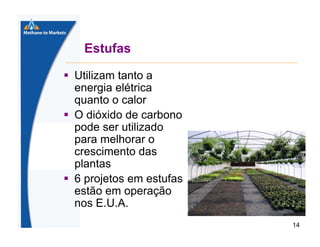 Estufas
Utilizam tanto a
energia elétrica
quanto o calor
O dióxido de carbono
pode ser utilizado
para melhorar o
crescimento das
plantas
6 projetos em estufas
estão em operação
nos E.U.A.
14

 