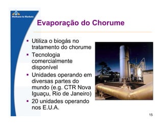 Evaporação do Chorume
Utiliza o biogás no
tratamento do chorume
Tecnologia
comercialmente
disponível
Unidades operando em
diversas partes do
mundo (e.g. CTR Nova
Iguaçu, Rio de Janeiro)
20 unidades operando
nos E.U.A.
15

 