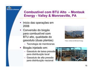Combustível com BTU Alto – Montauk
Energy - Valley & Monroeville, PA
Inicio das operações em
2006
Conversão do biogás
para combustível com
BTU alto, qualidade do
gasoduto (duas plantas)

Fotos: cortesia da Montauk Energy

– Tecnologia de membranas

Biogás injetado em:
– Gasoduto de baixa pressão
para distribuição local
– Gasoduto de alta pressão
para distribuição nacional
18

 
