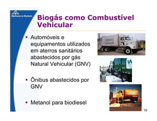 Biogás como Combustível
Vehicular
Automóveis e
equipamentos utilizados
em aterros sanitários
abastecidos por gás
Natural Vehicular (GNV)
Ônibus abastecidos por
GNV
Metanol para biodiesel
19

 