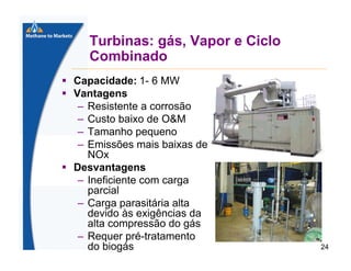 Turbinas: gás, Vapor e Ciclo
Combinado
Capacidade: 1- 6 MW
Vantagens
– Resistente a corrosão
– Custo baixo de O&M
– Tamanho pequeno
– Emissões mais baixas de
NOx
Desvantagens
– Ineficiente com carga
parcial
– Carga parasitária alta
devido às exigências da
alta compressão do gás
– Requer pré-tratamento
do biogás

24

 