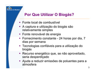 Por Que Utilizar O Biogás?
Fonte local de combustível
A captura e utilização do biogás são
relativamente simples
Fonte renovável de energia
Fornecimento constante - 24 horas por dia, 7
dias por semana
Tecnologias confiáveis para a utilização do
biogás
Recurso energético que, se não aproveitado,
seria desperdiçado
Ajuda a reduzir emissões de poluentes para a
atmosfera
3

 