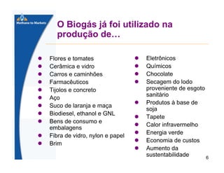O Biogás já foi utilizado na
produção de…
Flores e tomates
Cerâmica e vidro
Carros e caminhões
Farmacêuticos
Tijolos e concreto
Aço
Suco de laranja e maça
Biodiesel, ethanol e GNL
Bens de consumo e
embalagens
Fibra de vidro, nylon e papel
Brim

Eletrônicos
Químicos
Chocolate
Secagem do lodo
proveniente de esgoto
sanitário
Produtos à base de
soja
Tapete
Calor infravermelho
Energia verde
Economia de custos
Aumento da
sustentabilidade
6

 