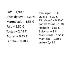 Café – 1,90 €          Chourição – 3 €
Doce de uva – 3,20 €   Queijo – 5,20 €
Marmelada – 1,56 €     Pão da avó – 0,30 €
                       Pão de forma – 1,30
Paio – 2,50 €          Fiambre – 1,85 €
Tostas – 2,45 €        Bolachas – 2 €
Açúcar – 0,45 €        Marmelada – 1,56 €
                       Manteiga – 1,50 €
Farinha – 0,70 €       Leite – 0,45 €
 