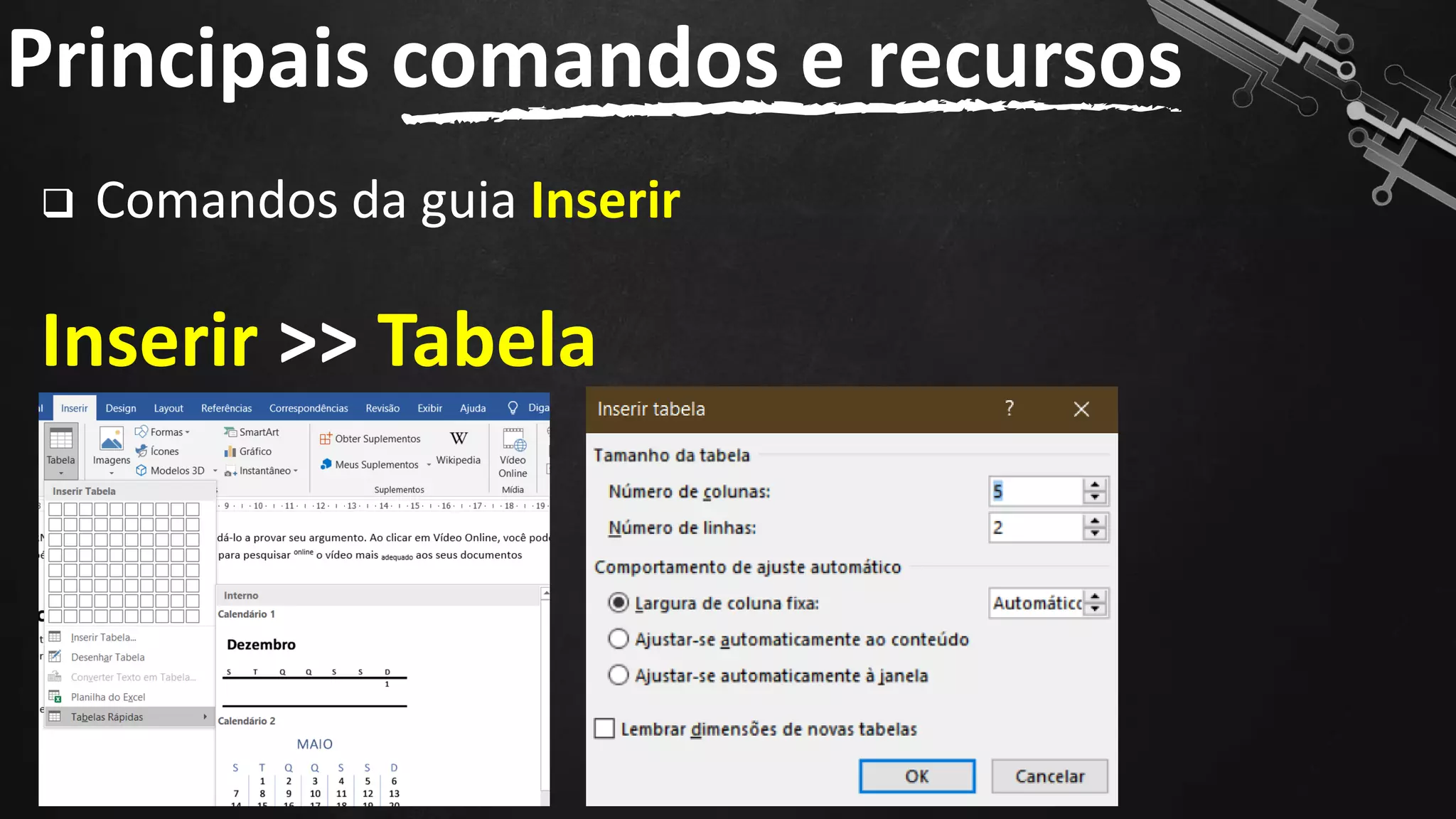 ❑ Comandos da guia Inserir
Inserir >> Tabela
Principais comandos e recursos
141
 