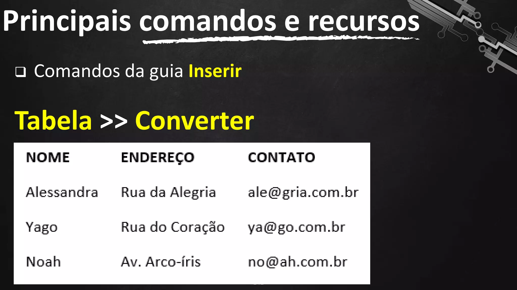 ❑ Comandos da guia Inserir
Tabela >> Converter
Principais comandos e recursos
142
 