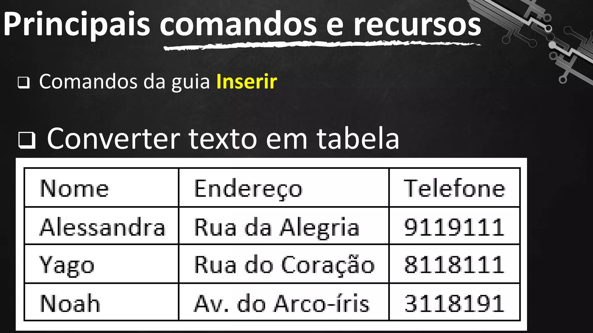 ❑ Comandos da guia Inserir
❑ Converter texto em tabela
Principais comandos e recursos
145
 