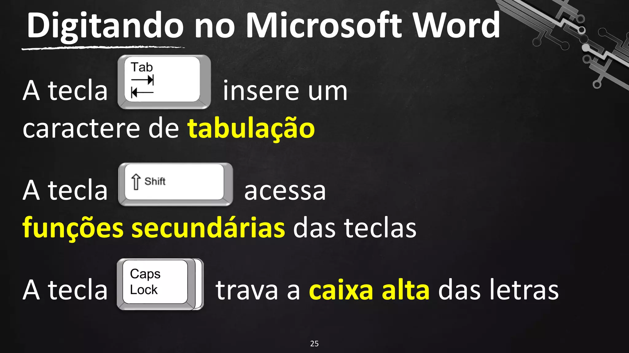 Digitando no Microsoft Word
25
A tecla insere um
caractere de tabulação
A tecla acessa
funções secundárias das teclas
A tecla trava a caixa alta das letras
 