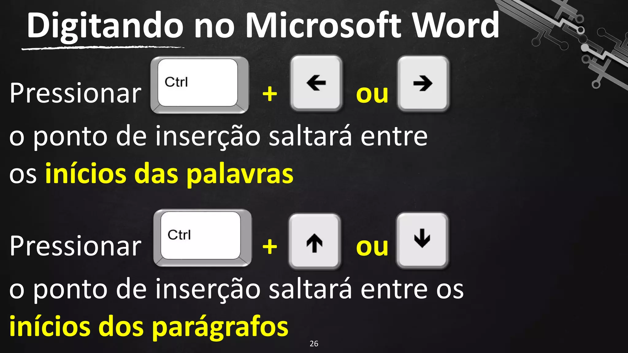 Digitando no Microsoft Word
26
Pressionar + ou
o ponto de inserção saltará entre
os inícios das palavras
Pressionar + ou
o ponto de inserção saltará entre os
inícios dos parágrafos
 