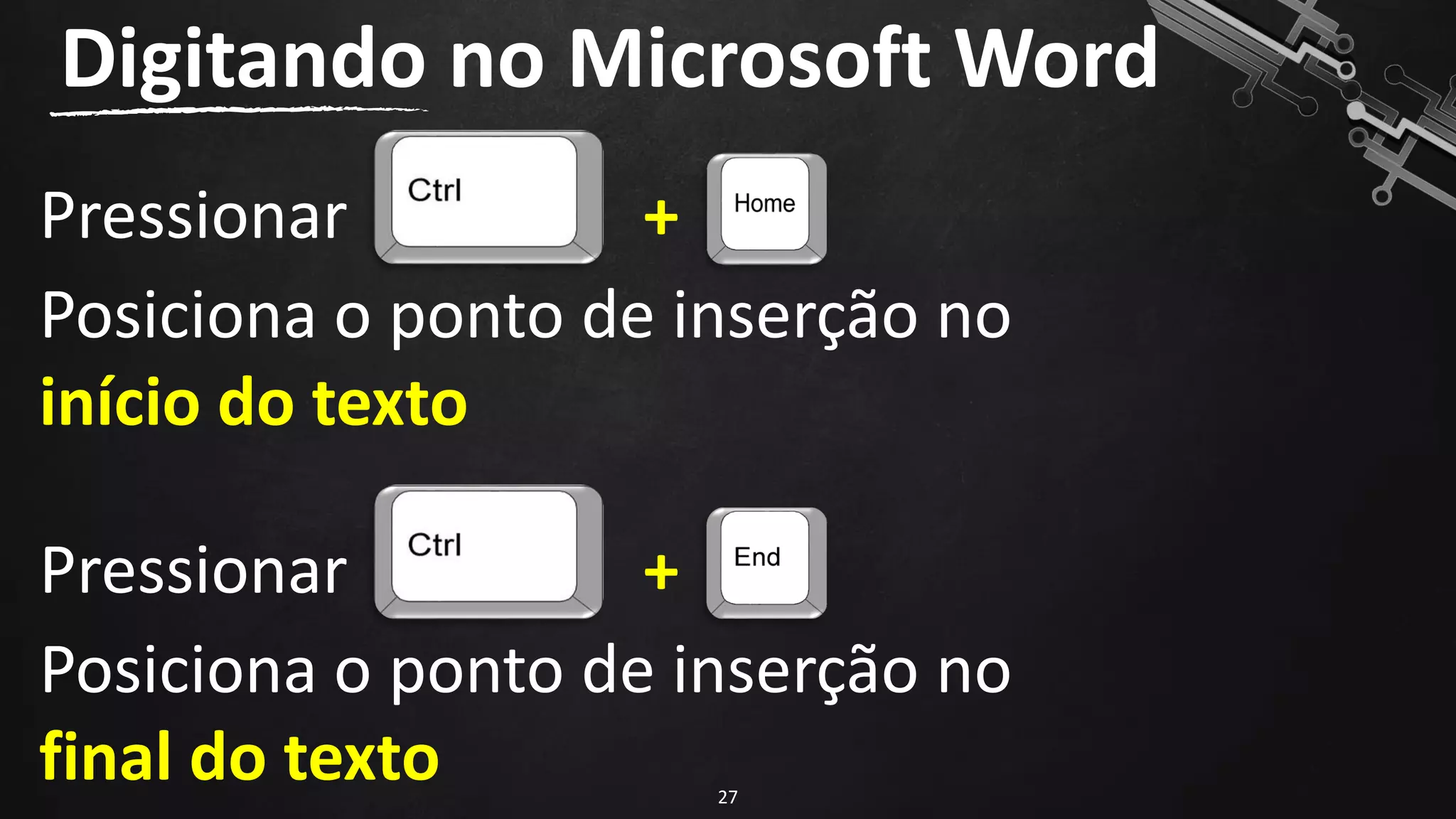 Digitando no Microsoft Word
27
Pressionar +
Posiciona o ponto de inserção no
início do texto
Pressionar +
Posiciona o ponto de inserção no
final do texto
 