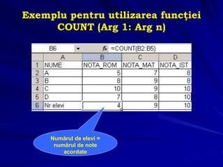 Exemplu pentru utilizarea funcţiei
COUNT (Arg 1: Arg n)
Numărul de elevi =
numărul de note
acordate
 