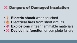 Dangers of Damaged Insulation
• Electric shock when touched
• Electrical fires from short circuits
• Explosions if near flammable materials
• Device malfunction or complete failure
 