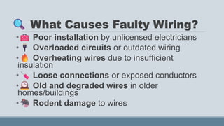 What Causes Faulty Wiring?
• Poor installation by unlicensed electricians
• Overloaded circuits or outdated wiring
• Overheating wires due to insufficient
insulation
• Loose connections or exposed conductors
• Old and degraded wires in older
homes/buildings
• Rodent damage to wires
 