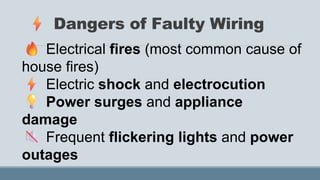 Dangers of Faulty Wiring
Electrical fires (most common cause of
house fires)
Electric shock and electrocution
Power surges and appliance
damage
Frequent flickering lights and power
outages
 