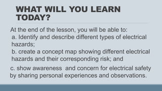 WHAT WILL YOU LEARN
TODAY?
At the end of the lesson, you will be able to:
a. Identify and describe different types of electrical
hazards;
b. create a concept map showing different electrical
hazards and their corresponding risk; and
c. show awareness and concern for electrical safety
by sharing personal experiences and observations.
 