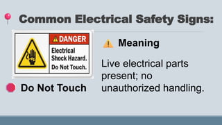 Common Electrical Safety Signs:
Sign Meaning
Do Not Touch
Live electrical parts
present; no
unauthorized handling.
 
