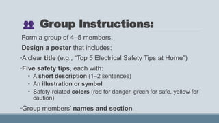 Group Instructions:
Form a group of 4–5 members.
Design a poster that includes:
•A clear title (e.g., “Top 5 Electrical Safety Tips at Home”)
•Five safety tips, each with:
• A short description (1–2 sentences)
• An illustration or symbol
• Safety-related colors (red for danger, green for safe, yellow for
caution)
•Group members’ names and section
 