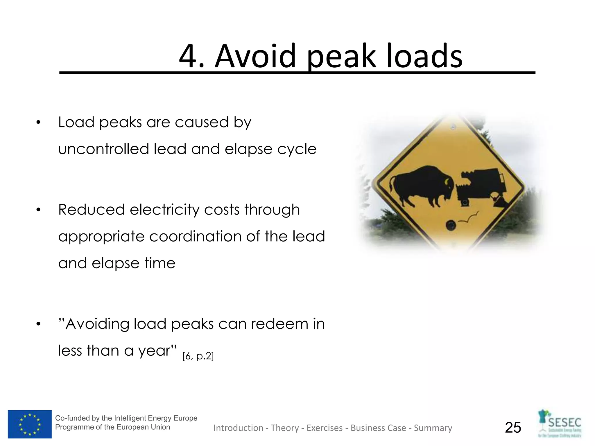 Co-funded by the Intelligent Energy Europe
Programme of the European Union
Co-funded by the Intelligent Energy Europe
Programme of the European Union 25
4. Avoid peak loads
• Load peaks are caused by
uncontrolled lead and elapse cycle
• Reduced electricity costs through
appropriate coordination of the lead
and elapse time
• ”Avoiding load peaks can redeem in
less than a year” [6, p.2]
Introduction - Theory - Exercises - Business Case - Summary
 