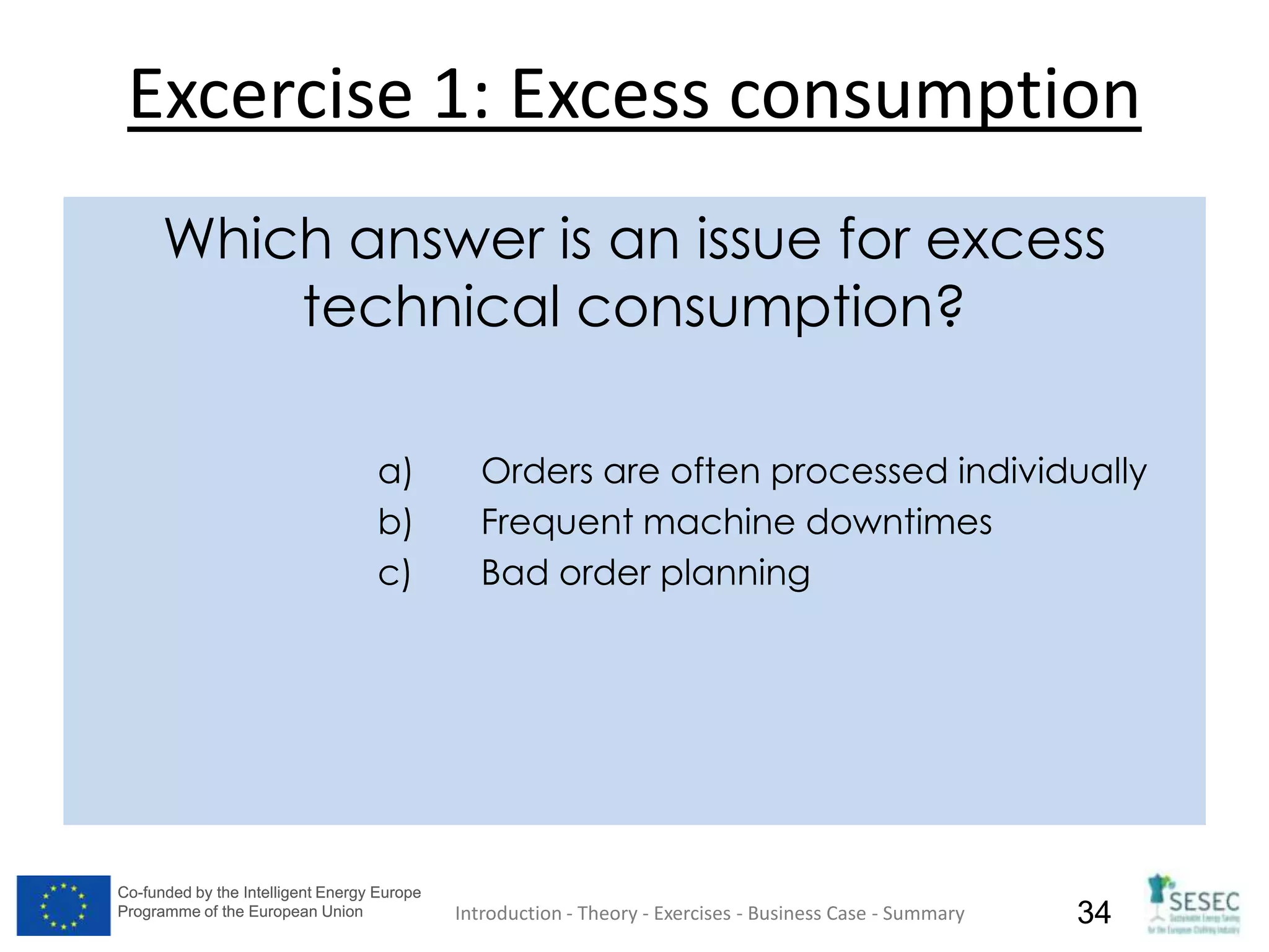Co-funded by the Intelligent Energy Europe
Programme of the European Union
Co-funded by the Intelligent Energy Europe
Programme of the European Union 34
Excercise 1: Excess consumption
Introduction - Theory - Exercises - Business Case - Summary
Which answer is an issue for excess
technical consumption?
a) Orders are often processed individually
b) Frequent machine downtimes
c) Bad order planning
 