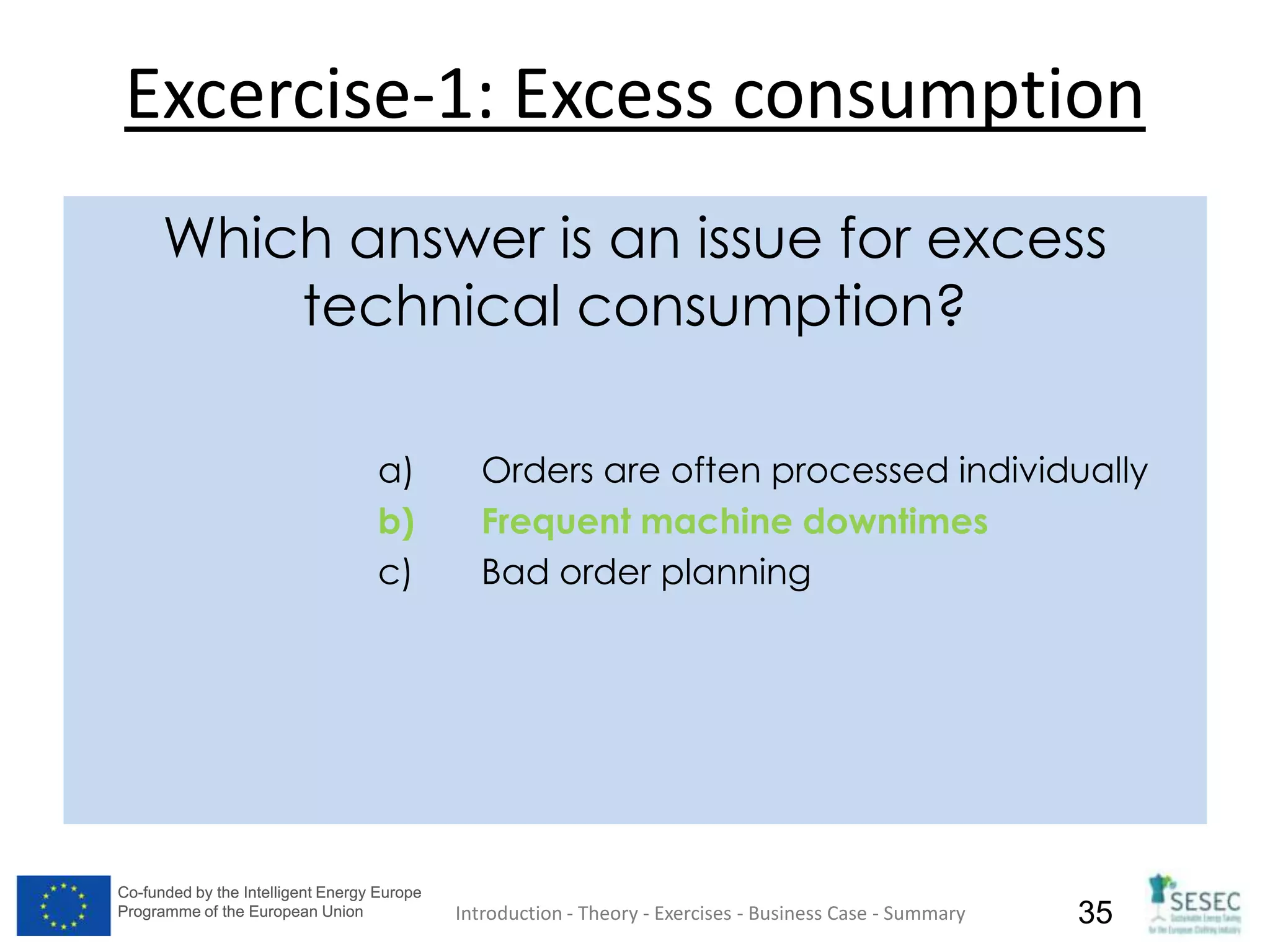 Co-funded by the Intelligent Energy Europe
Programme of the European Union
Co-funded by the Intelligent Energy Europe
Programme of the European Union 35
Excercise-1: Excess consumption
Introduction - Theory - Exercises - Business Case - Summary
Which answer is an issue for excess
technical consumption?
a) Orders are often processed individually
b) Frequent machine downtimes
c) Bad order planning
 