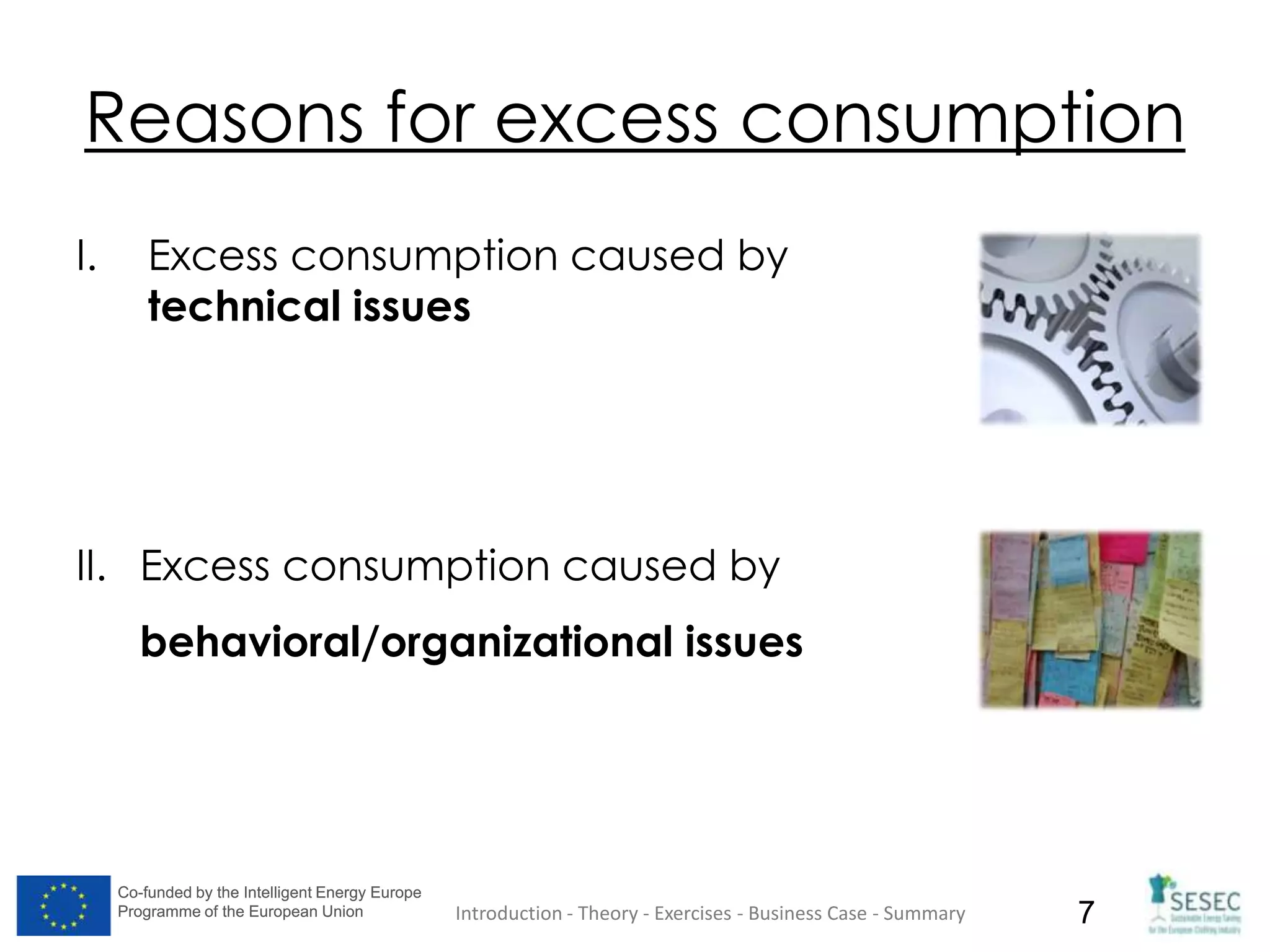 Co-funded by the Intelligent Energy Europe
Programme of the European Union
Co-funded by the Intelligent Energy Europe
Programme of the European Union 7
Reasons for excess consumption
I. Excess consumption caused by
technical issues
II. Excess consumption caused by
behavioral/organizational issues
Introduction - Theory - Exercises - Business Case - Summary
 