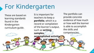 For Kindergarten
14
These are based on
learning standards
found in the
Kindergarten
curriculum guide.
It is important for
teachers to keep a
portfolio, which is a
record or compilation
of the learner's output,
such as writing
samples,
accomplished activity
sheets, and artwork.
The portfolio can
provide concrete
evidence of how much
or how well the learner
is able to accomplish
the skills and
competencies.
 