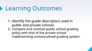 Learning Outcomes
2
1. Identify the grade descriptors used in
public and private schools
2. Compare and contrast public school grading
policy with that of the private school
implementing contextualized grading system.
 