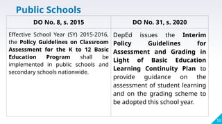 50
DO No. 8, s. 2015 DO No. 31, s. 2020
Effective School Year (SY) 2015-2016,
the Policy Guidelines on Classroom
Assessment for the K to 12 Basic
Education Program shall be
implemented in public schools and
secondary schools nationwide.
DepEd issues the Interim
Policy Guidelines for
Assessment and Grading in
Light of Basic Education
Learning Continuity Plan to
provide guidance on the
assessment of student learning
and on the grading scheme to
be adopted this school year.
Public Schools
 