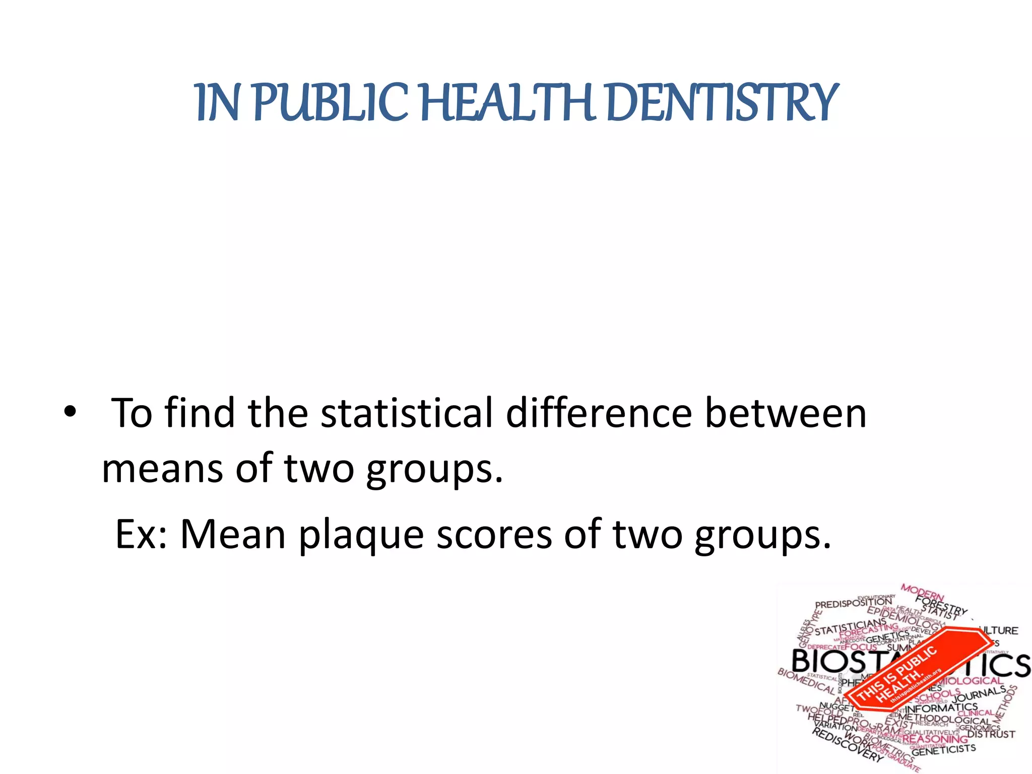 IN PUBLICHEALTHDENTISTRY
• To find the statistical difference between
means of two groups.
Ex: Mean plaque scores of two groups.
 