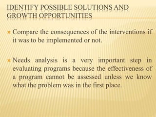 IDENTIFY POSSIBLE SOLUTIONS AND
GROWTH OPPORTUNITIES
 Compare the consequences of the interventions if
it was to be implemented or not.
 Needs analysis is a very important step in
evaluating programs because the effectiveness of
a program cannot be assessed unless we know
what the problem was in the first place.
 