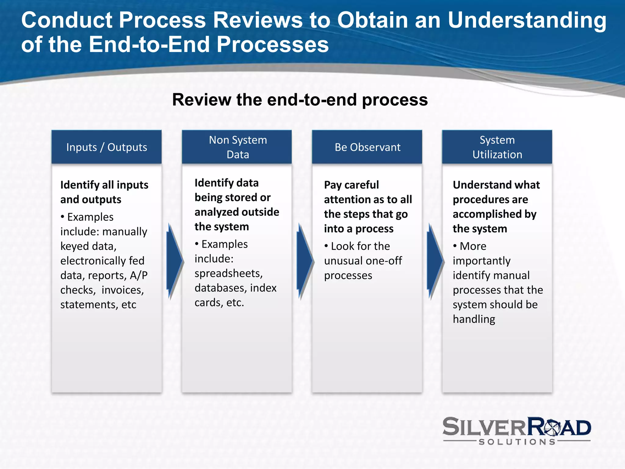 Conduct Process Reviews to Obtain an Understanding
of the End-to-End Processes

                         Review the end-to-end process

                             Non System                                 System
    Inputs / Outputs                            Be Observant
                                Data                                   Utilization

   Identify all inputs     Identify data      Pay careful           Understand what
   and outputs             being stored or    attention as to all   procedures are
   • Examples              analyzed outside   the steps that go     accomplished by
   include: manually       the system         into a process        the system
   keyed data,             • Examples         • Look for the        • More
   electronically fed      include:           unusual one-off       importantly
   data, reports, A/P      spreadsheets,      processes             identify manual
   checks, invoices,       databases, index                         processes that the
   statements, etc         cards, etc.                              system should be
                                                                    handling
 