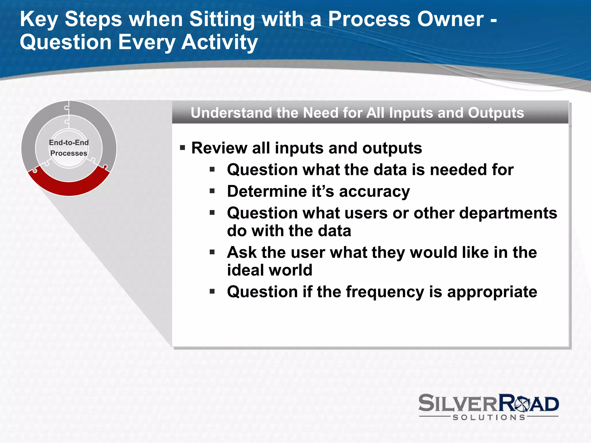Key Steps when Sitting with a Process Owner -
Question Every Activity


                Understand the Need for All Inputs and Outputs

                Review all inputs and outputs
  End-to-End
  Processes

                    Question what the data is needed for
                    Determine it’s accuracy
                    Question what users or other departments
                     do with the data
                    Ask the user what they would like in the
                     ideal world
                    Question if the frequency is appropriate
 