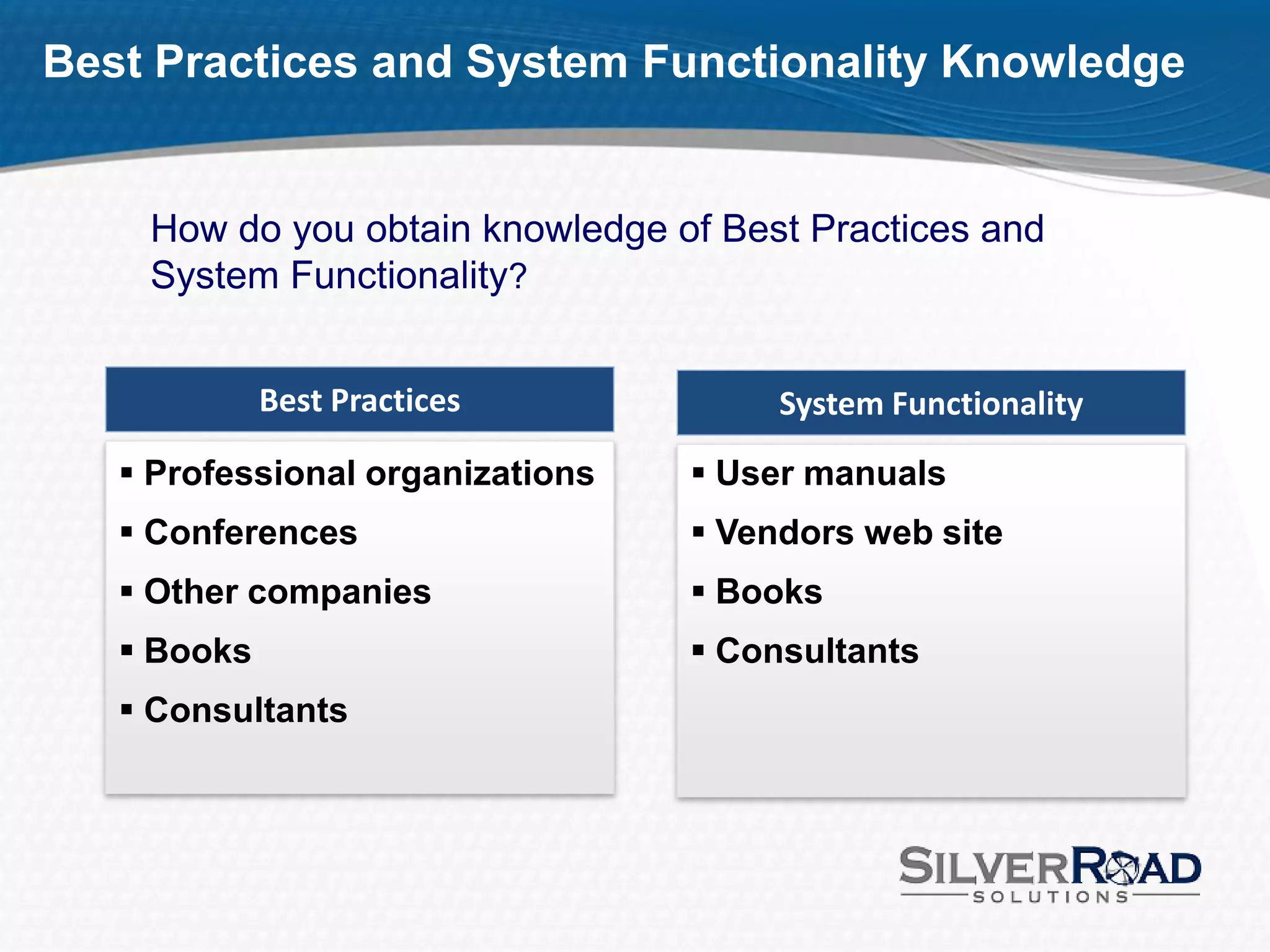 Best Practices and System Functionality Knowledge


    How do you obtain knowledge of Best Practices and
    System Functionality?


             Best Practices            System Functionality
    Professional organizations    User manuals
    Conferences                   Vendors web site
    Other companies               Books
    Books                         Consultants
    Consultants
 