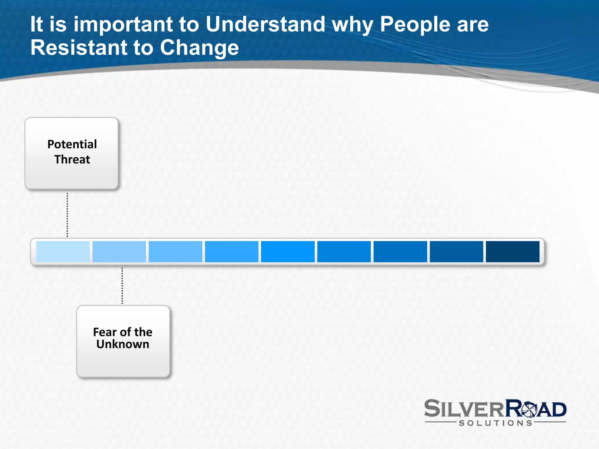 It is important to Understand why People are
Resistant to Change



 Potential
  Threat




         Fear of the
          Unknown
 