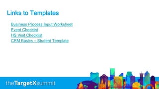 Links to Templates
Business Process Input Worksheet
Event Checklist
HS Visit Checklist
CRM Basics – Student Template
 