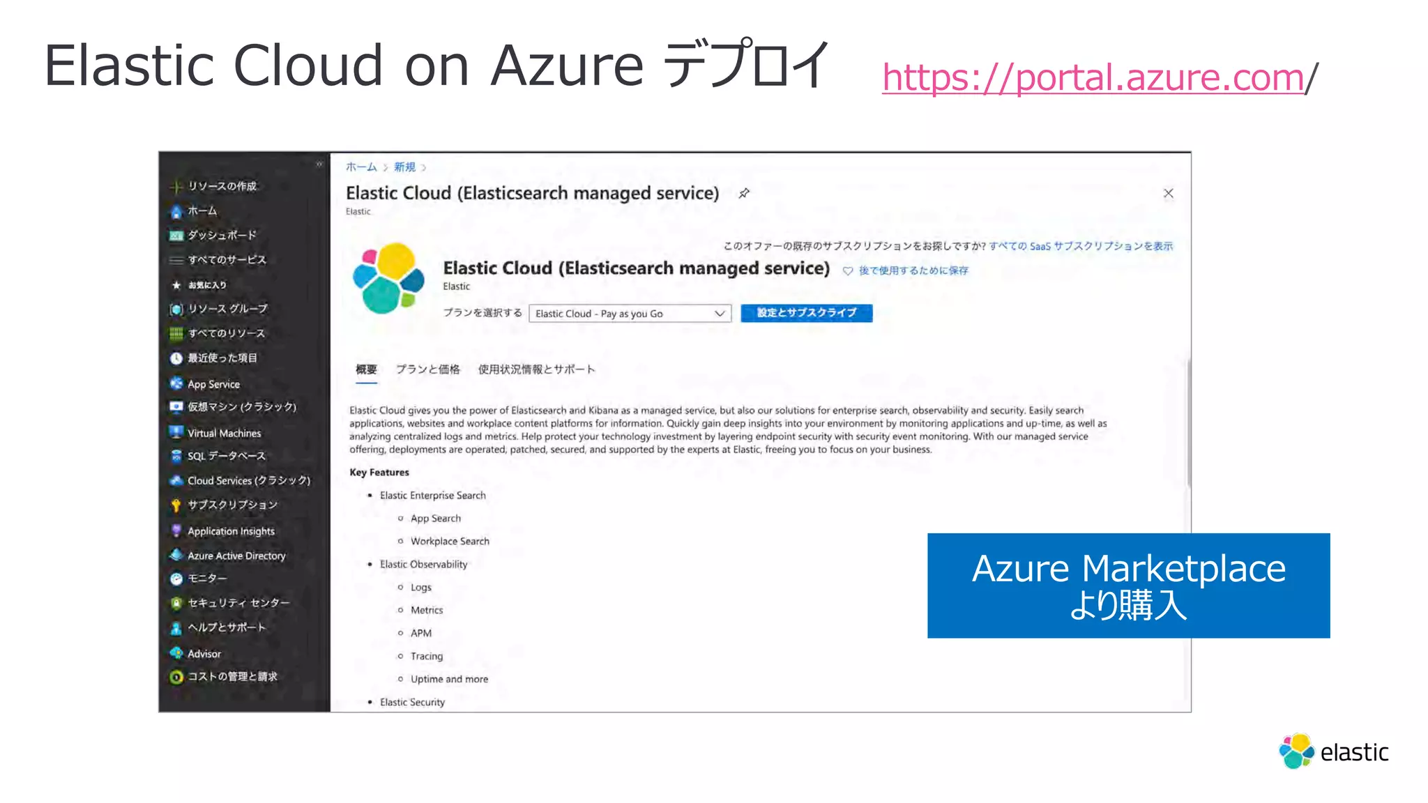Elastic Cloud on Azure デプロイ https://portal.azure.com 