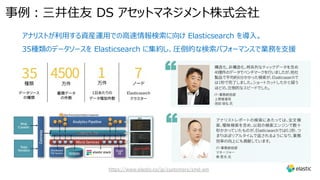 アナリストが利⽤する資産運⽤での⾼速情報検索に向け Elasticsearch を導⼊。
35種類のデータソースを Elasticsearch に集約し、圧倒的な検索パフォーマンスで業務を⽀援
https://www.elastic.co/jp/customers/smd-am
事例︓三井住友 DS アセットマネジメント株式会社
 