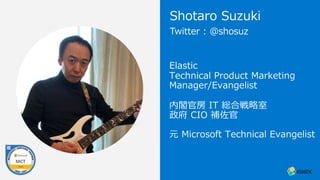 Elastic
Technical Product Marketing
Manager/Evangelist
内閣官房 IT 総合戦略室
政府 CIO 補佐官
元 Microsoft Technical Evangelist
Twitter : @shosuz
Shotaro Suzuki
 