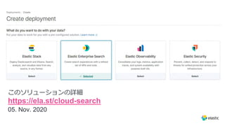このソリューションの詳細
https://ela.st/cloud-search
05. Nov. 2020
 