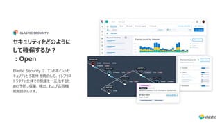 セキュリティをどのように
して確保するか︖
︓Open
Elastic Security は、エンドポイントセ
キュリティと SIEM を統合して、インフラス
トラクチャ全体での保護を⼀元化するた
めの予防、収集、検出、および応答機
能を提供します。
ELASTIC SECURITY
 