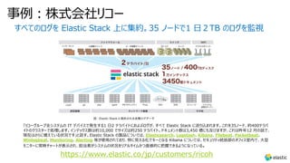 事例︓株式会社リコー
すべてのログを Elastic Stack 上に集約。35 ノードで1 ⽇２TB のログを監視
「リコーグループ全システムの IT デバイスで発⽣する1 ⽇2 テラバイトにおよぶログが、すべて Elastic Stack に送り込まれます。これを35ノード、約400テラバ
イトのクラスターで処理します。インデックス数は約10,000 でサイズは約250 テラバイト。ドキュメント数は3,450 億にも及びますが、これは昨年12 ⽉の話で、
現在はさらに増えている状況です」と話す。Elastic Stack の製品については、Elasticsearch、Logstash、Kibana、Filebeat、Packetbeat、
Winlogbeat、Monitoring、Alerting 等が使⽤されており、特に⾒える化でキーとなる Kibana については、セキュリティ統括部のオフィス室内で、⼤型
モニターに常時チャートが表⽰され、担当者がシステムの状況をリアルタイムかつ直感的に把握できるようになっている。
https://www.elastic.co/jp/customers/ricoh
 