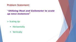 Problem Statement: 
“Utilizing Heat and Ceilometer to scale 
up nova instances” 
 Scaling Up 
 Horizontally 
 Vertically 
 