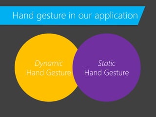 Hand gesture in our application
Dynamic
Hand Gesture
Static
Hand Gesture
 