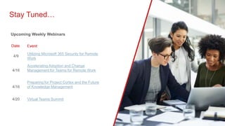 Stay Tuned…
Upcoming Weekly Webinars
4/9
Utilizing Microsoft 365 Security for Remote
Work
4/16
Accelerating Adoption and Change
Management for Teams for Remote Work
4/16
Preparing for Project Cortex and the Future
of Knowledge Management
4/20 Virtual Teams Summit
 