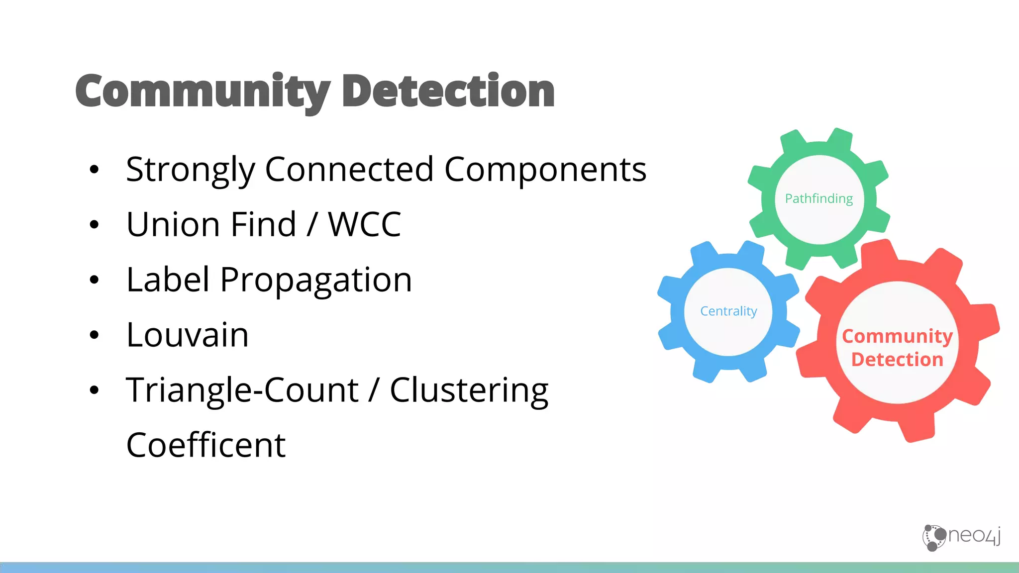 • Strongly Connected Components
• Union Find / WCC
• Label Propagation
• Louvain
• Triangle-Count / Clustering
Coefficent
Community Detection
Pathfinding
Community
Detection
Centrality
 
