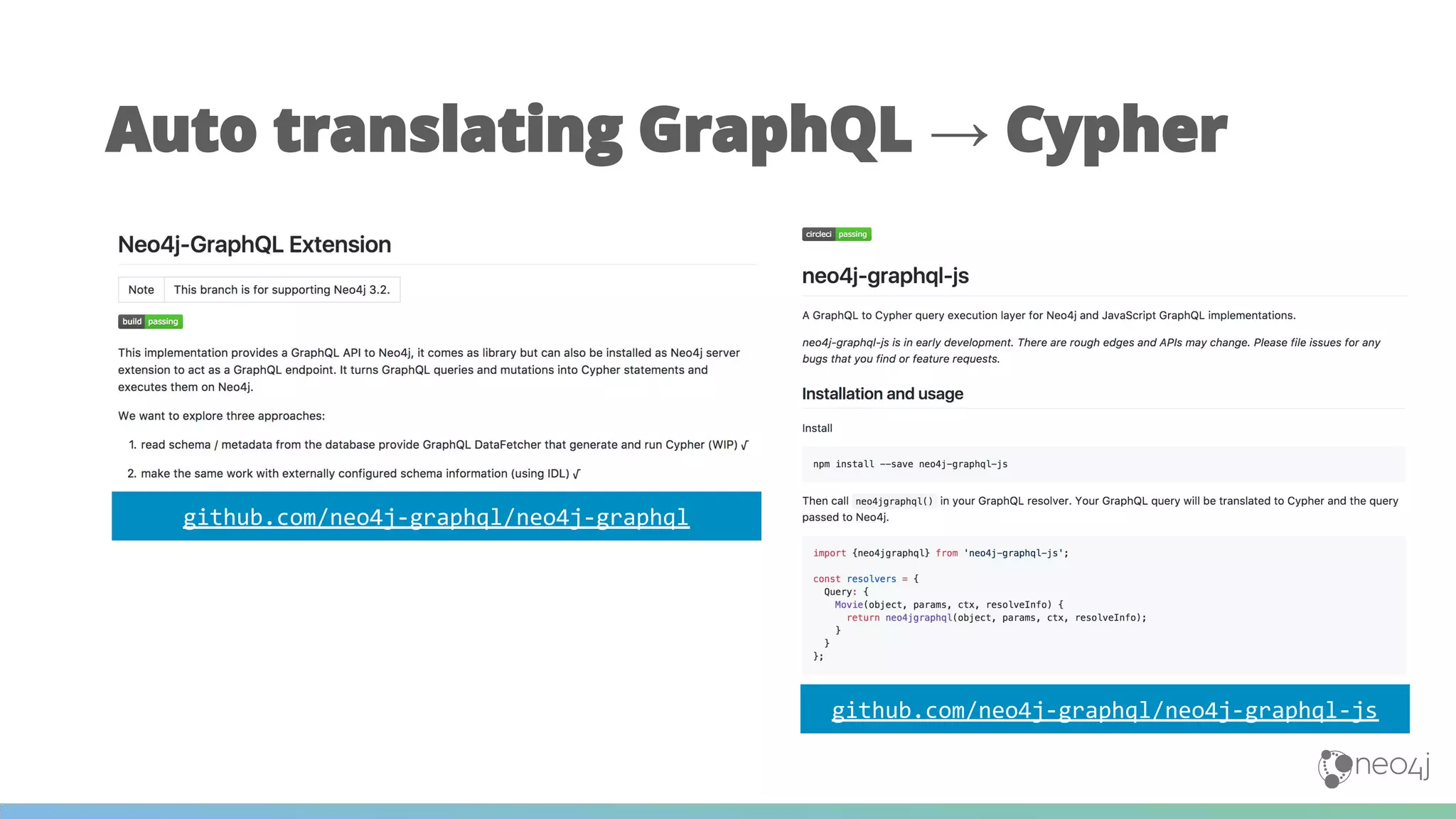Auto translating GraphQL → Cypher
github.com/neo4j-graphql/neo4j-graphql
github.com/neo4j-graphql/neo4j-graphql-js
 