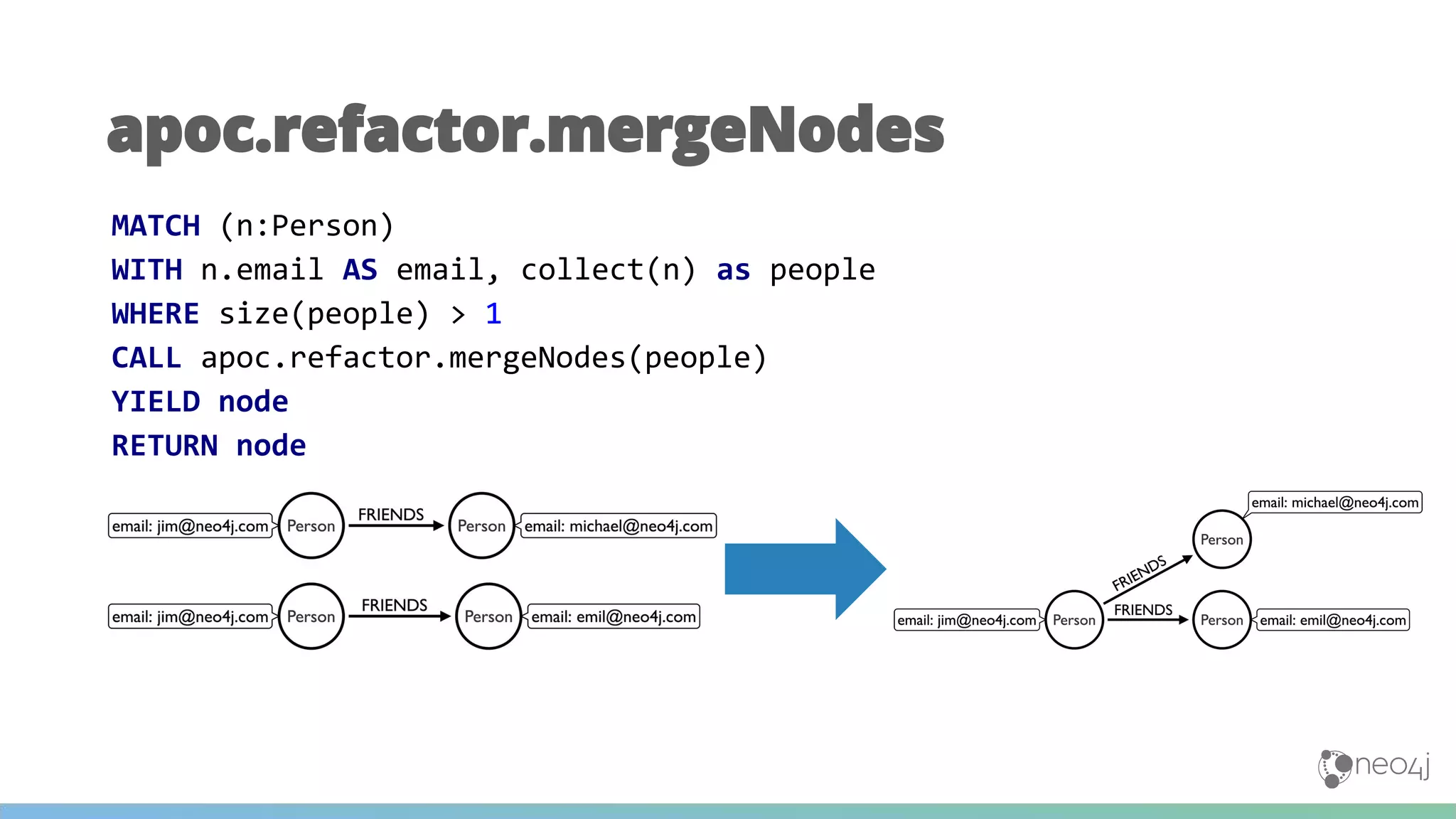 apoc.refactor.mergeNodes
MATCH (n:Person)
WITH n.email AS email, collect(n) as people
WHERE size(people) > 1
CALL apoc.refactor.mergeNodes(people)
YIELD node
RETURN node
 